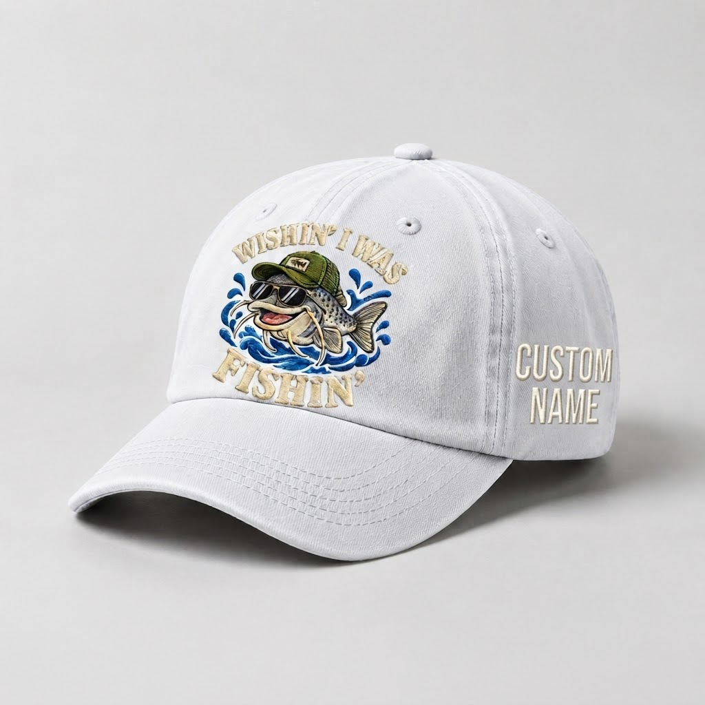 Custom Catfish Fishing Embroidered Hat, Wishin I Was Fishin Cap, Personalized Fisherman Dad Hat, Vintage Wash Fishing Gift