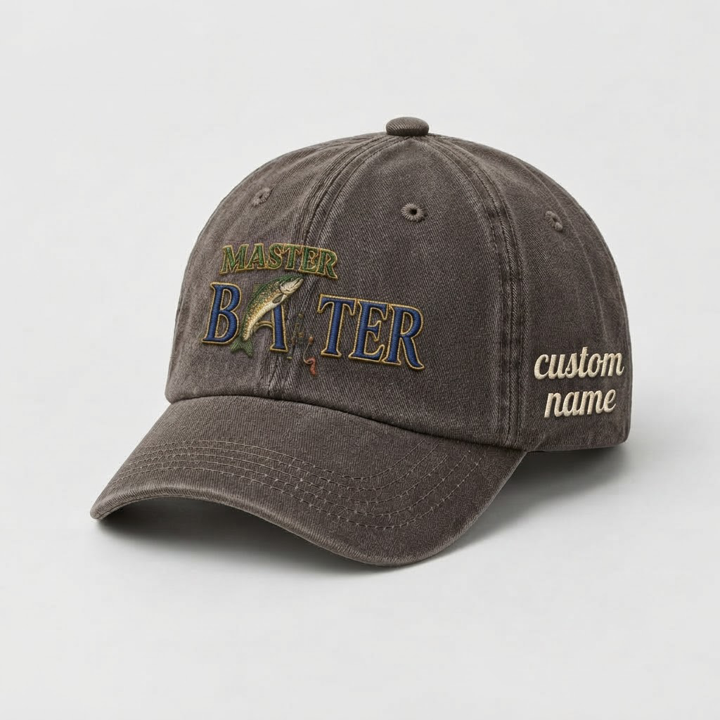 Master Baiter Trout Fishing Embroidered Hat, Personalized Dad Cap, Custom Trout Fisherman Gift, Vintage Washed Baseball Hat