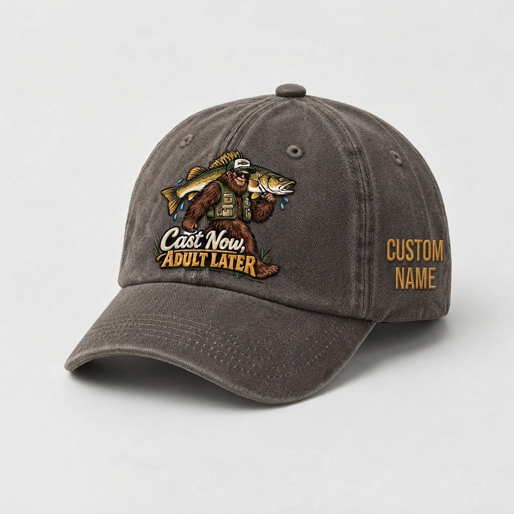 Personalized Walleye Hat, Custom Name Cast Now Adult Later Fishing Cap, Vintage Fisherman Gift, Embroidered Outdoor Dad Hat