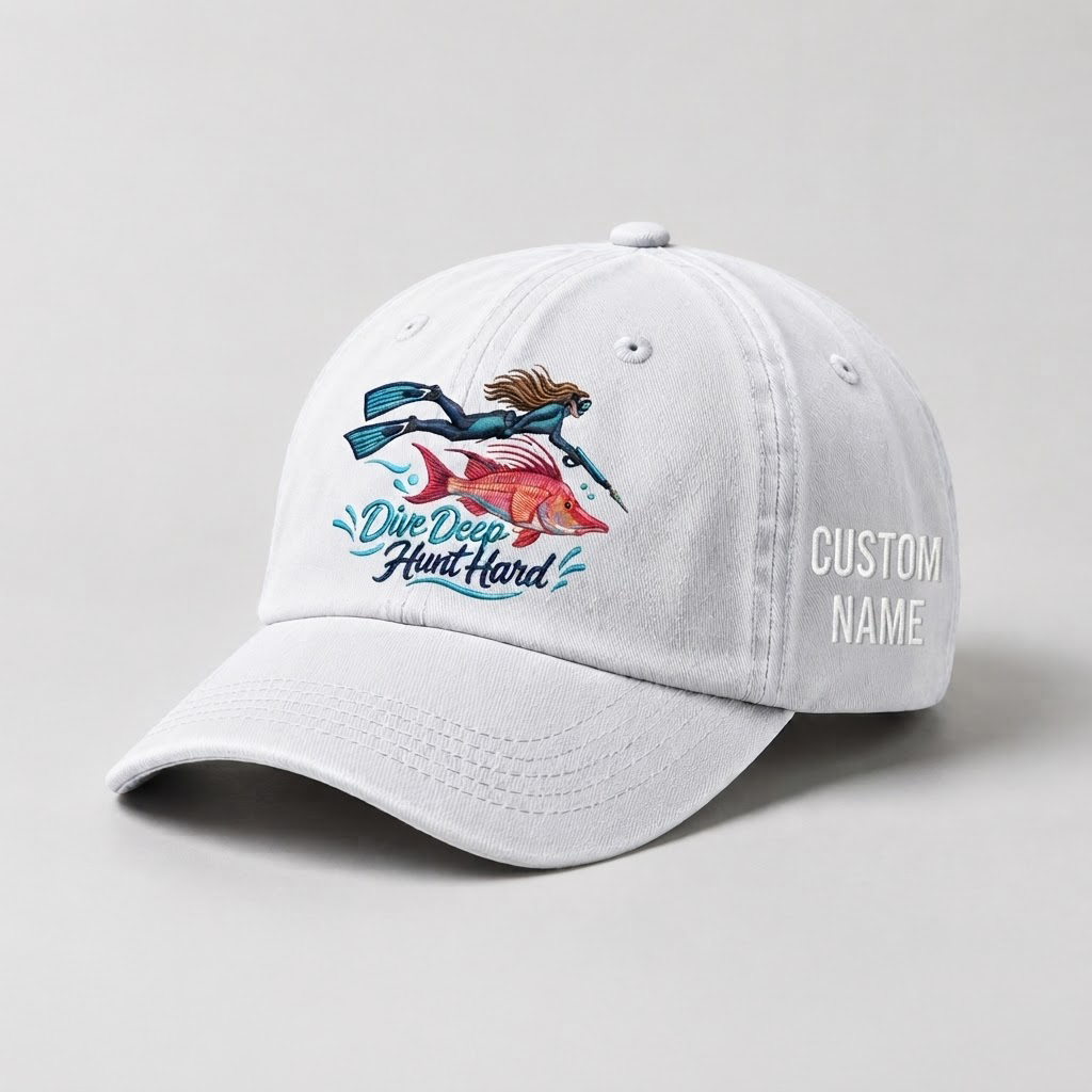 Spearfishing Hats For Women, Dive Deep Hunt Hard Custom Embroidered Baseball Cap, Personalized Vintage Washed Hat, Scuba Diving Gift