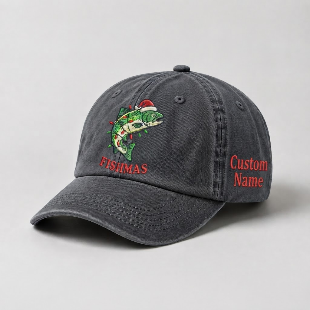 Merry Fishmas Embroidered Hat, Custom Name Christmas Trout Fishing Cap, Vintage Fisherman Dad Hat, Holiday Outdoor Gift, Cute Angler Cap