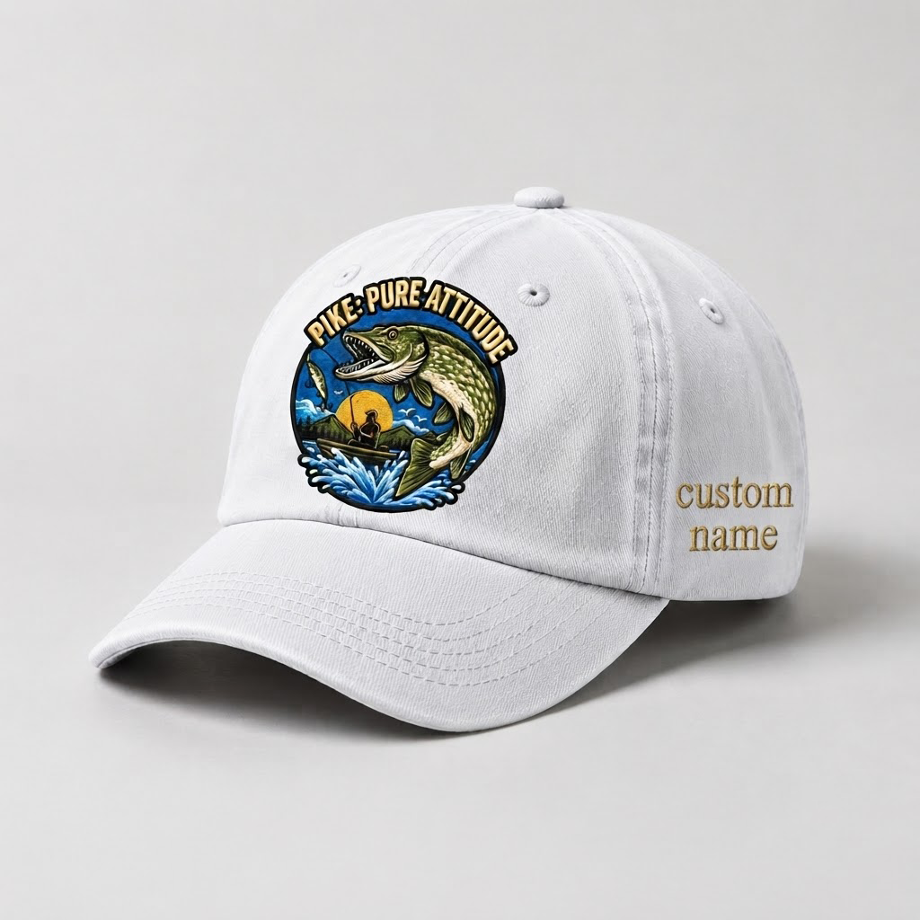 Pike Hat, Custom Name Fisherman Cap, Pike Pure Attitude Fishing Hat, Personalized Angler Gift, Vintage Embroidered Dad Baseball Cap