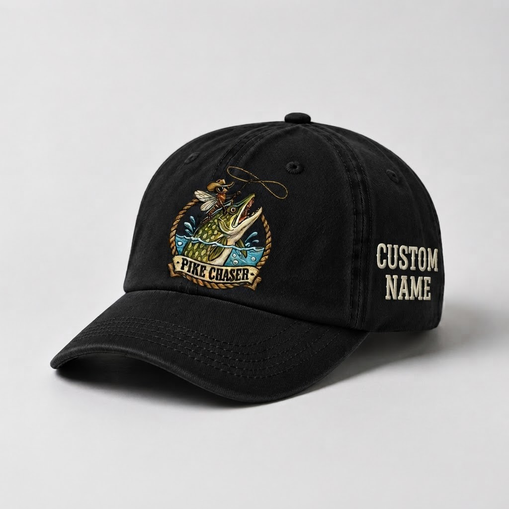 Pike Hat, Custom Pike Chaser Embroidered Cap, Personalized Fisherman Gift, Vintage Washed Cotton Dad Hat, Fishing Merch
