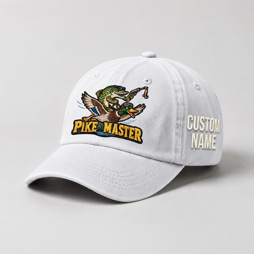 Pike Hat, Custom Pike Master Embroidered Cap, Personalized Fisherman Gift, Vintage Washed Cotton Dad Hat, Fishing Merch