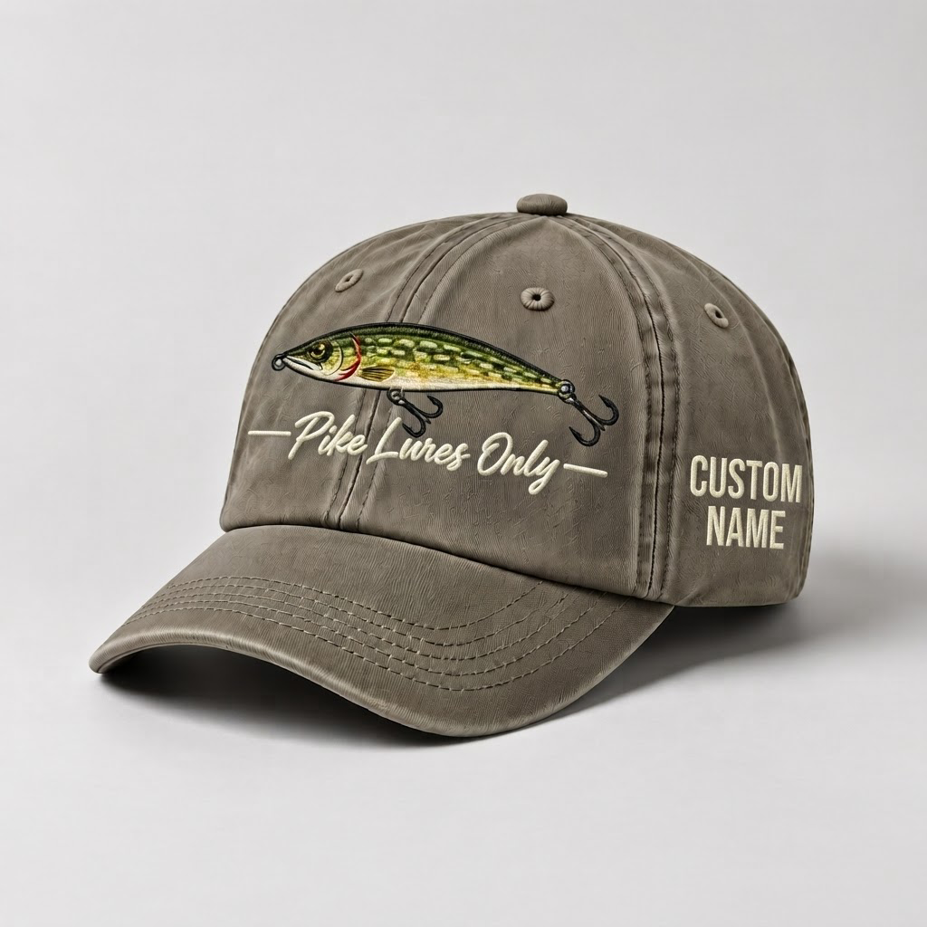 Pike Hat, Personalized Fishing Cap, Custom Name Embroidered Dad Hat, Pike Lures Only Vintage Fisherman Gift, Outdoor Angler Enthusiast