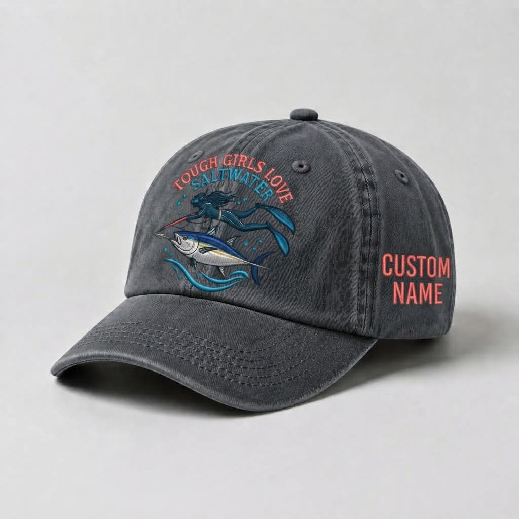 Spearfishing Hats For Women, Tough Girls Love Saltwater Custom Embroidered Baseball Cap, Personalized Vintage Washed Hat, Scuba Diving