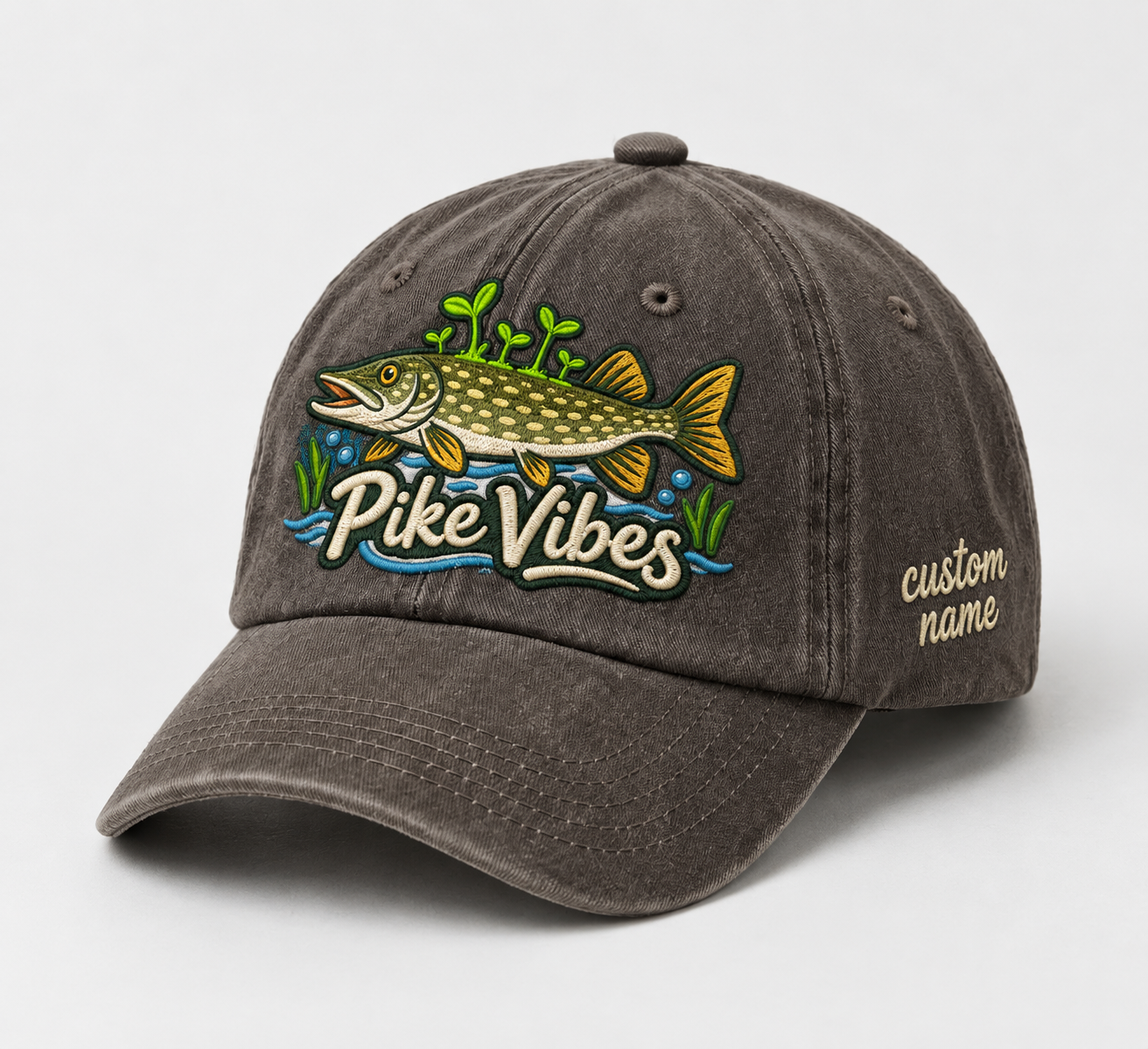 Pike Hat, Custom Pike Vibes Embroidered Cap, Personalized Fisherman Gift, Vintage Washed Cotton Dad Hat, Fishing Merch