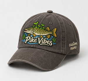 Pike Hat, Custom Pike Vibes Embroidered Cap, Personalized Fisherman Gift, Vintage Washed Cotton Dad Hat, Fishing Merch - 5