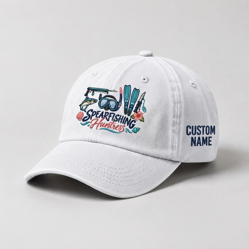 Spearfishing Hats For Women, Spearfishing Huntress Custom Embroidered Baseball Cap, Personalized Vintage Washed Hat, Scuba Diving Gift