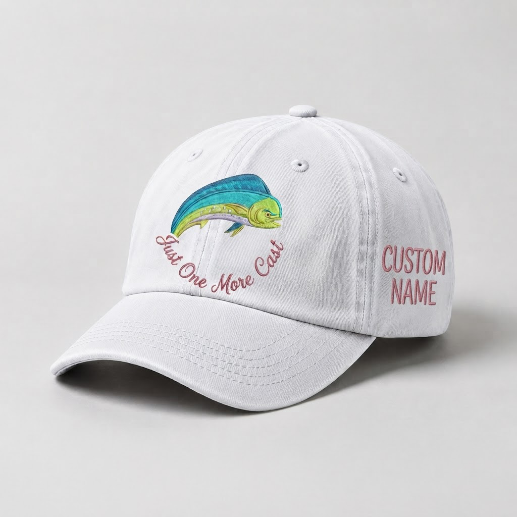 Just One More Cast Hat, Custom Fishing Hat for Women, Personalized Mahi Mahi Fish Embroidery Cap, Gift for Her