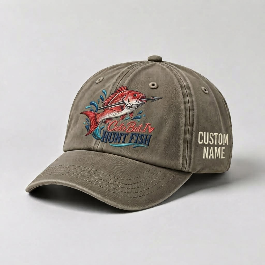 Spearfishing Hats For Women, Cute But I Hunt Fish Custom Embroidered Baseball Cap, Personalized Vintage Washed Hat, Scuba Diving Gift