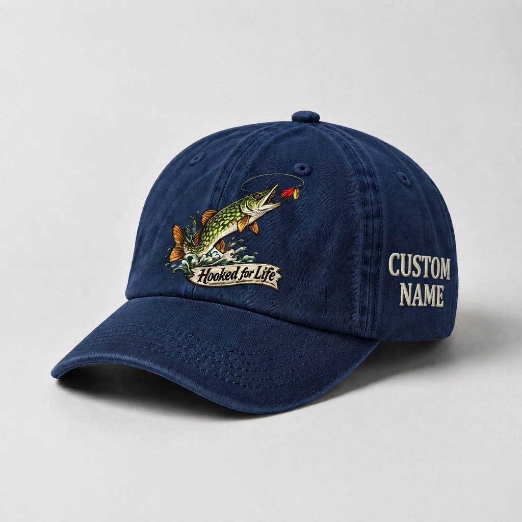 Pike Hat, Custom Hooked For Life Embroidered Cap, Personalized Fisherman Gift, Vintage Washed Cotton Dad Hat, Fishing Merch