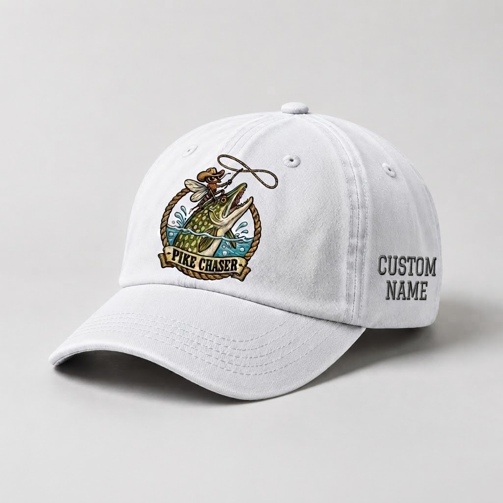 Pike Hat, Custom Pike Chaser Embroidered Cap, Personalized Fisherman Gift, Vintage Washed Cotton Dad Hat, Fishing Merch