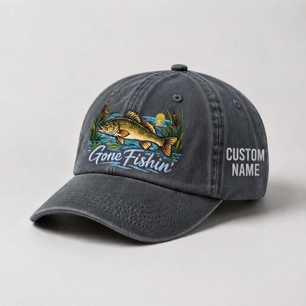 Personalized Walleye Hat, Custom Name Gone Fishin Fishing Cap, Vintage Fisherman Gift, Embroidered Outdoor Dad Hat