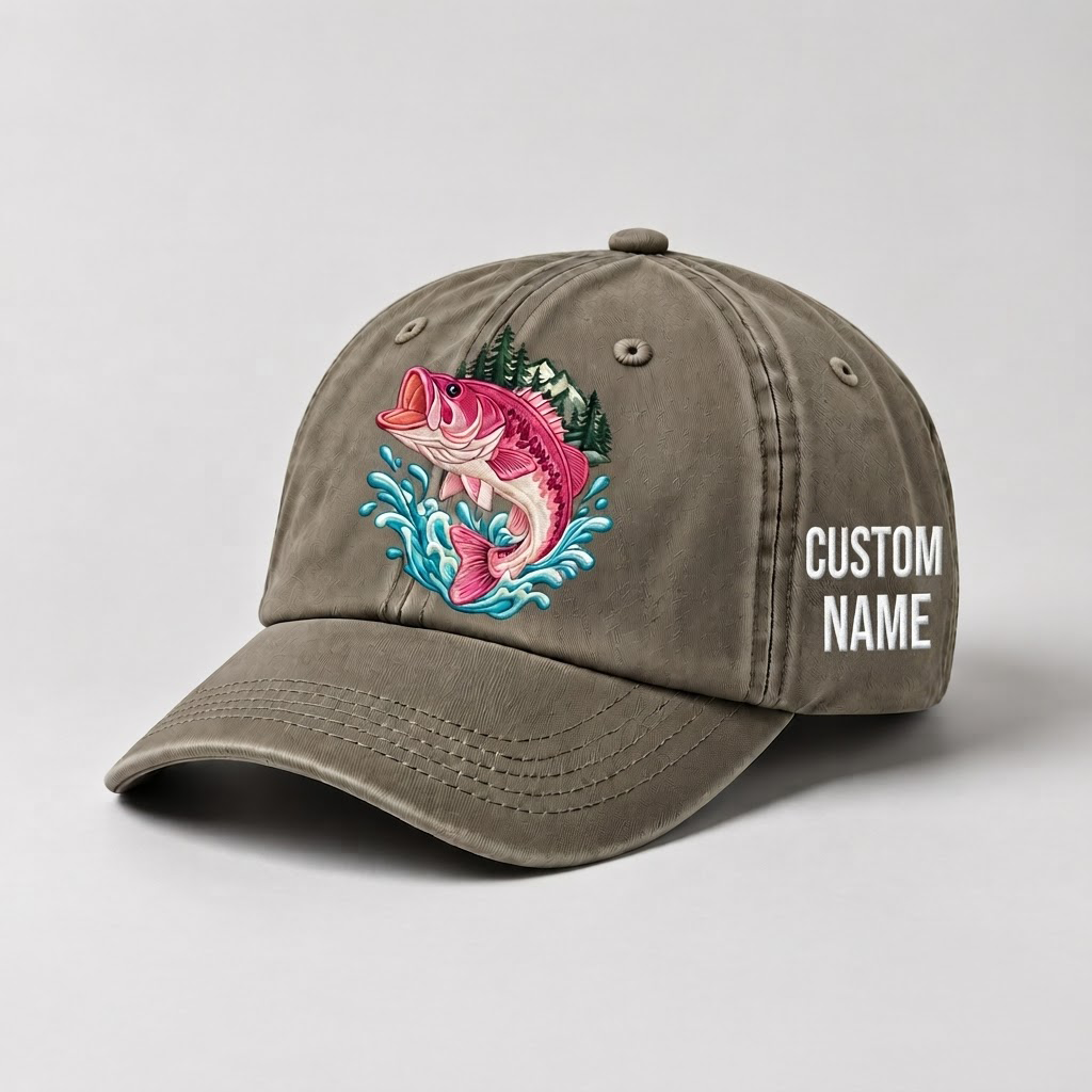 Largemouth Bass Hat for Women, Jumping Bass Fishing Cap, Custom Angler Gift, Vintage Washed Embroidered Cotton Baseball Dad Hat