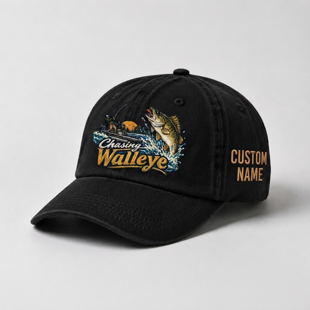 Custom Walleye Hat, Personalized Chasing Walleye Fishing Cap, Vintage Angler Gift, Fisherman Dad Hat, Outdoor Sports Embroidered Hat