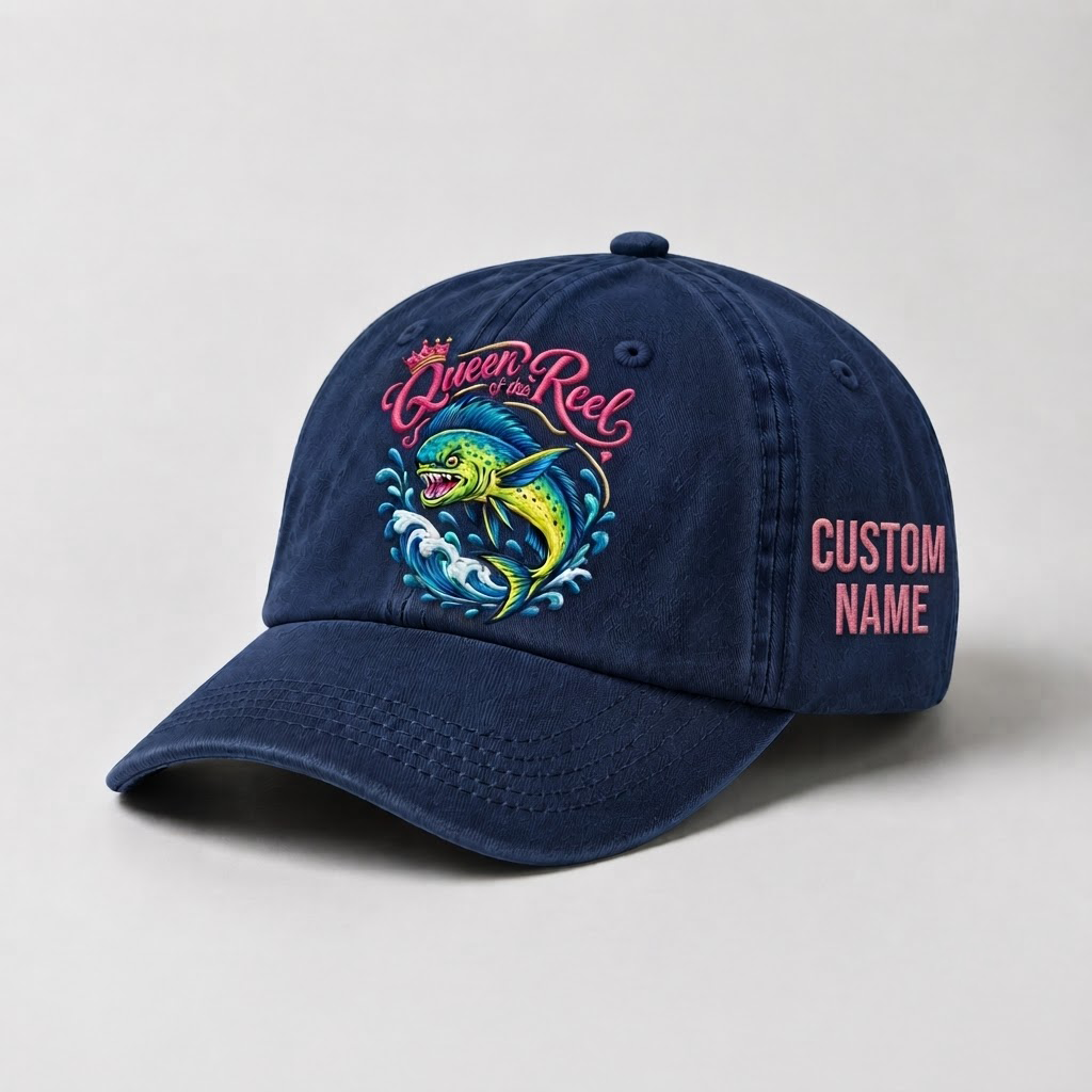 Queen of the Reel Hat for Women, Custom Fishing Hat for Women, Personalized Mahi Mahi Embroidery Cap, Gift for Her