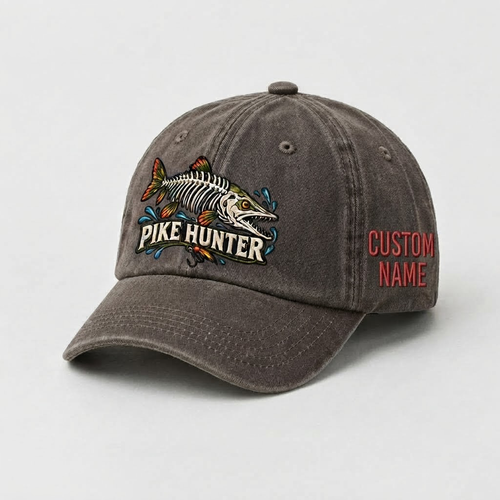 Pike Hat, Custom Pike Hunter Embroidered Cap, Personalized Fisherman Gift, Vintage Washed Cotton Dad Hat, Fishing Merch