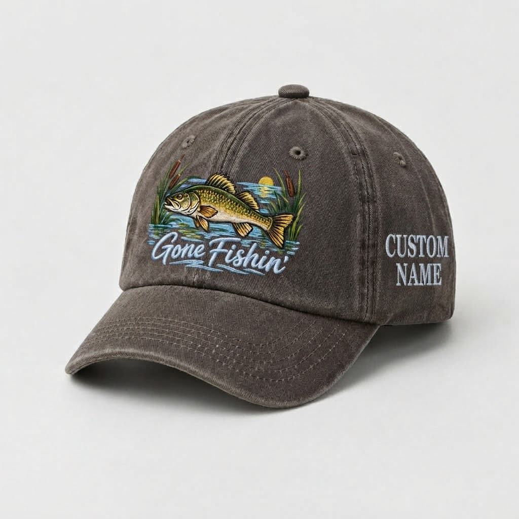 Personalized Walleye Hat, Custom Name Gone Fishin Fishing Cap, Vintage Fisherman Gift, Embroidered Outdoor Dad Hat