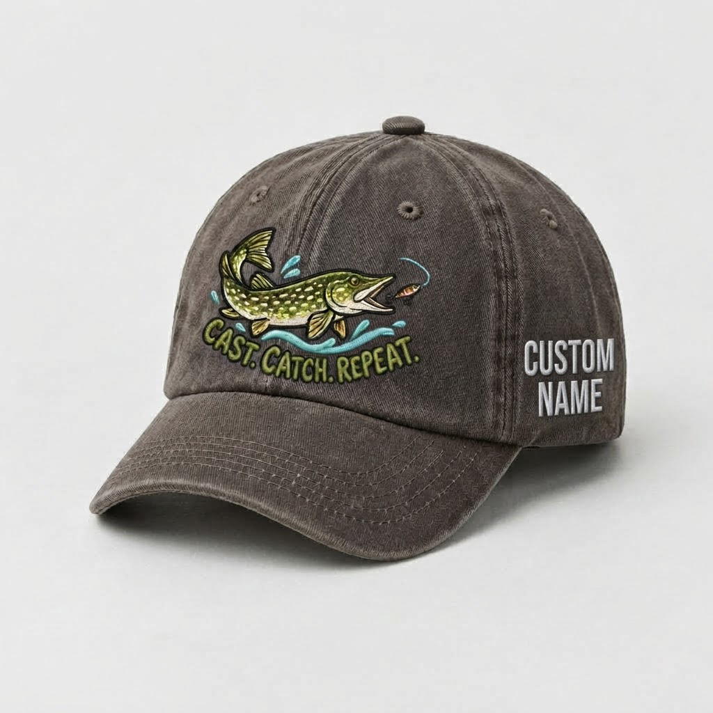 Pike Hat, Custom Cast Catch Repeat Embroidered Cap, Personalized Fisherman Gift, Vintage Washed Cotton Dad Hat, Fishing Merch