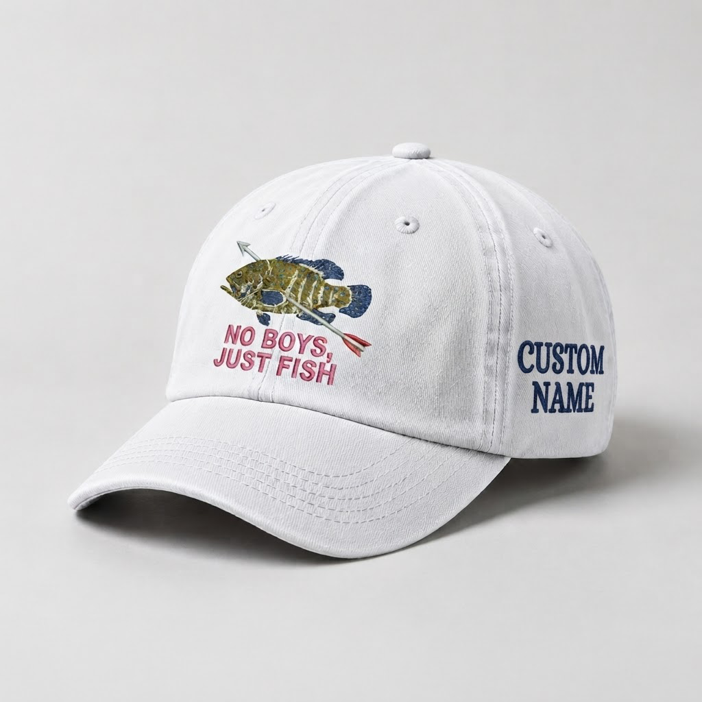Spearfishing Hats For Women, No Boys, Just Fish Custom Embroidered Baseball Cap, Personalized Vintage Washed Hat, Scuba Diving Gift