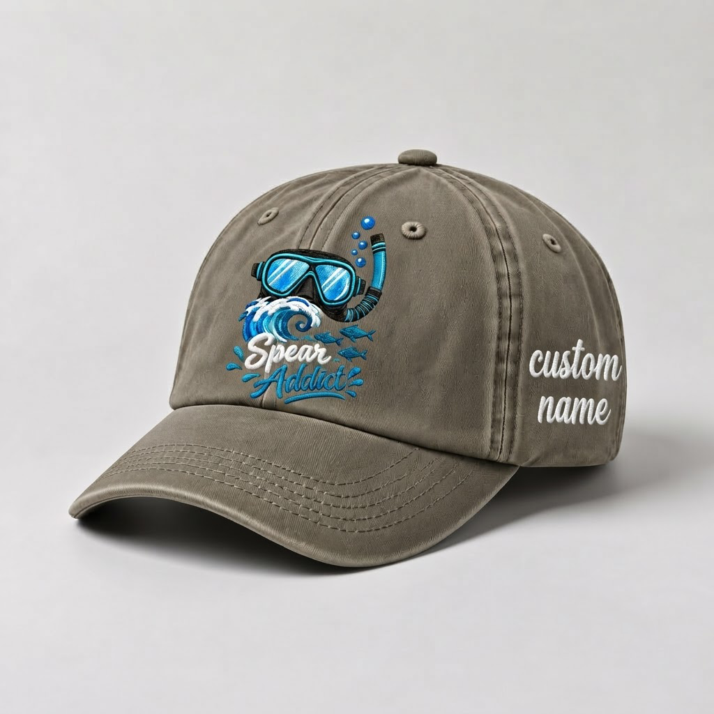 Spear Addict Hat for Women, Personalized Scuba Diving Hat, Custom Name Embroidered Cap, Spearfishing Gift, Ocean Lover Baseball Hat
