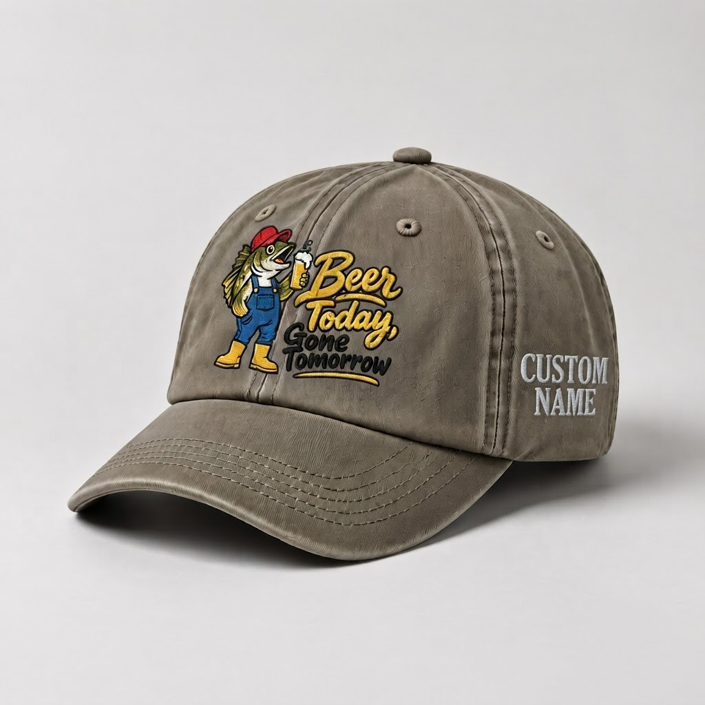 Custom Name Walleye Hat, Personalized Beer Today Gone Tomorrow Fishing Cap, Vintage Fisherman Gift, Embroidered Outdoor Dad Hat