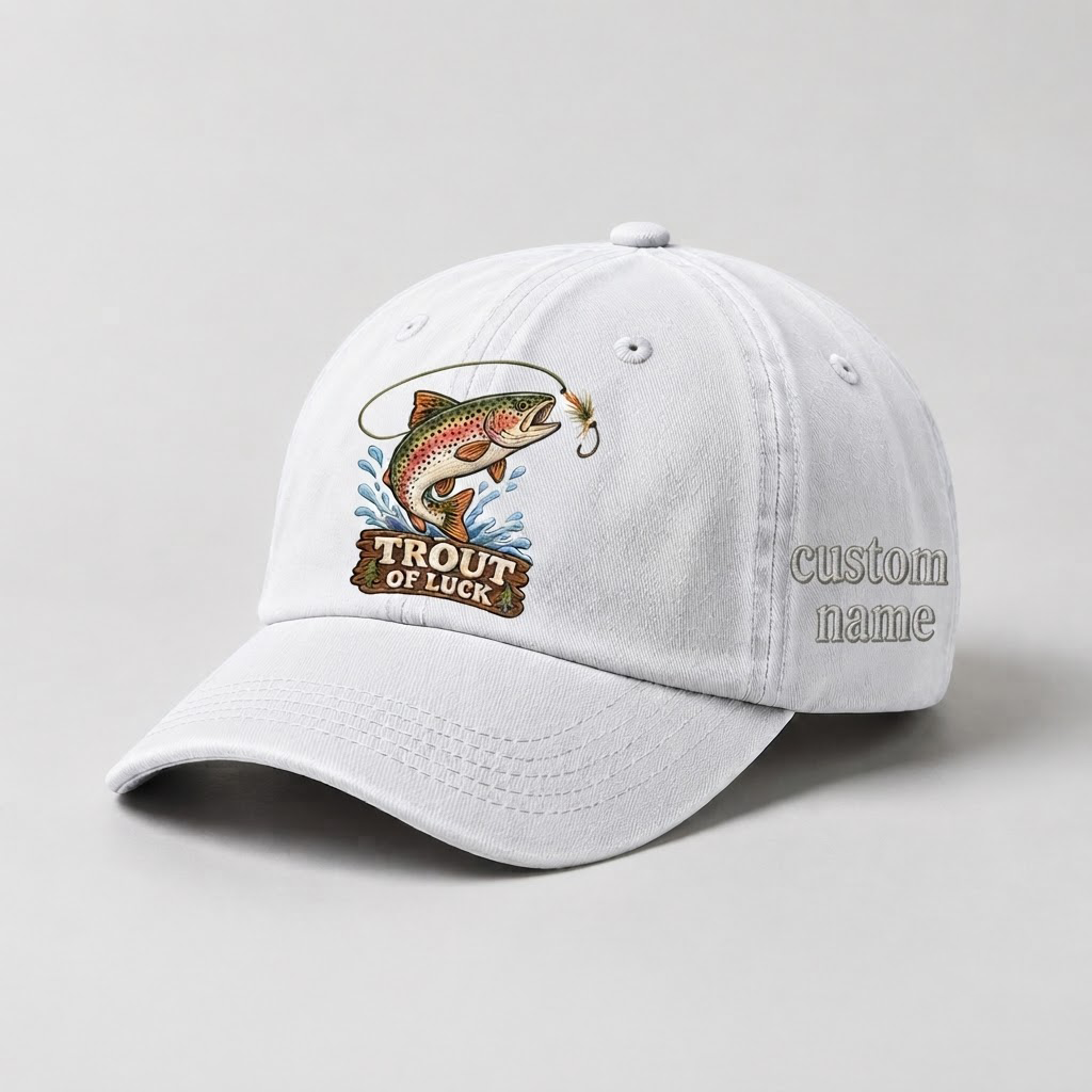 Trout of Luck Embroidered Hat, Custom Name Fishing Baseball Cap, Vintage Fisherman Dad Hat, Outdoor Nature Gift, Cute Angler Cap