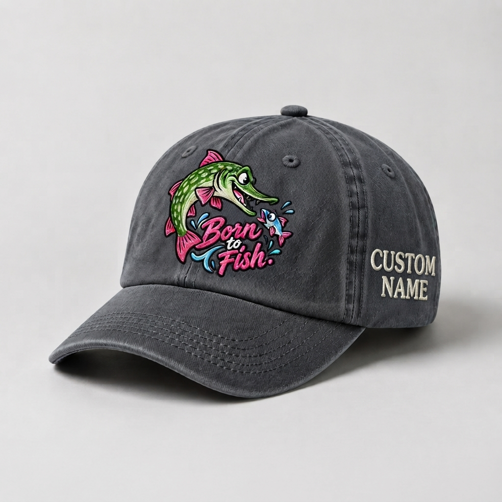 Pike Hat, Custom Born To Fish Embroidered Cap, Personalized Fisherman Gift, Vintage Washed Cotton Dad Hat, Fishing Merch