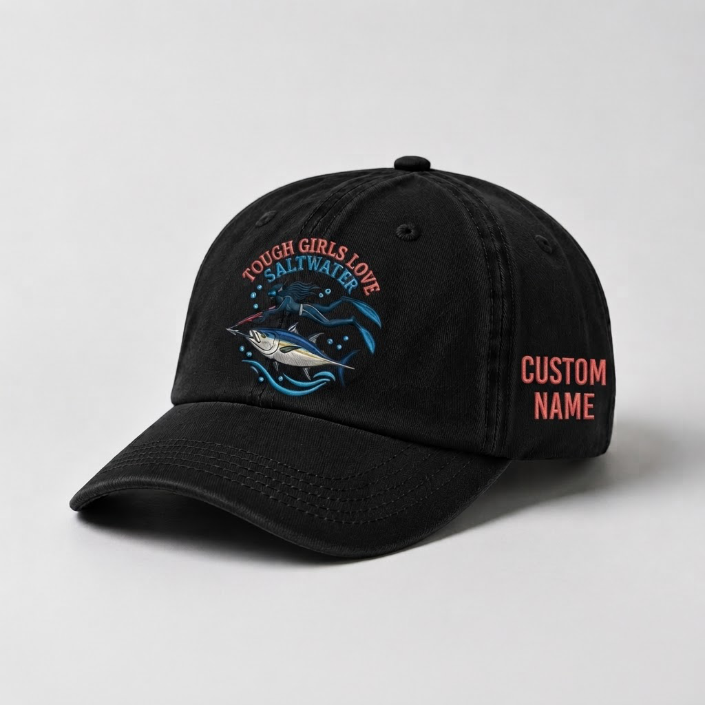 Spearfishing Hats For Women, Tough Girls Love Saltwater Custom Embroidered Baseball Cap, Personalized Vintage Washed Hat, Scuba Diving