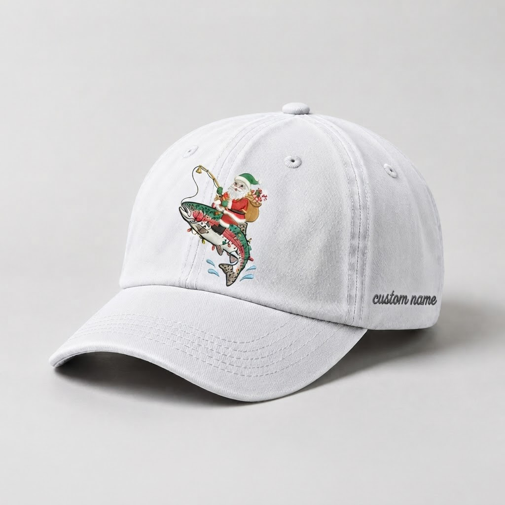 Santa Fishing Trout Embroidered Hat, Custom Name Christmas Baseball Cap, Vintage Fisherman Dad Hat, Outdoor Holiday Gift, Cute Winter Hat
