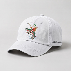 Santa Fishing Trout Embroidered Hat, Custom Name Christmas Baseball Cap, Vintage Fisherman Dad Hat, Outdoor Holiday Gift, Cute Winter Hat - 4