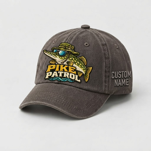 Pike Hat, Custom Pike Patrol Embroidered Cap, Personalized Fisherman Gift, Vintage Washed Cotton Dad Hat, Fishing Merch - 5