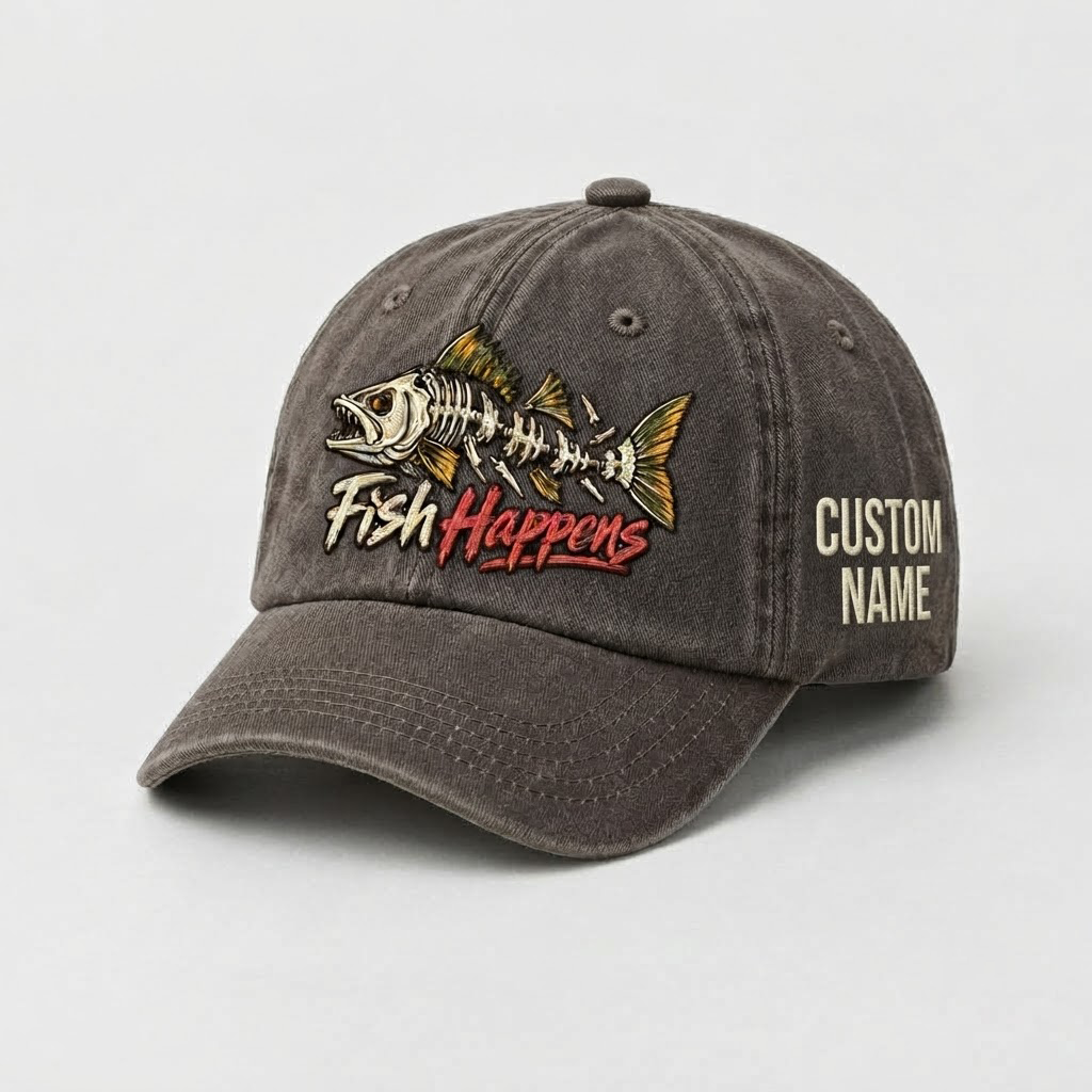 Personalized Walleye Hat, Custom Name Fish Happens Fishing Cap, Vintage Fisherman Gift, Embroidered Outdoor Dad Hat