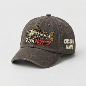 Personalized Walleye Hat, Custom Name Fish Happens Fishing Cap, Vintage Fisherman Gift, Embroidered Outdoor Dad Hat - 5