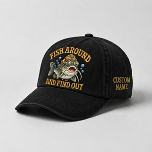 Custom Embroidered Catfish Hat, Fish Around And Find Out Cap, Personalized Fishing Dad Hat, Vintage Fisherman Gift, Outdoor Adventure Cap - 2