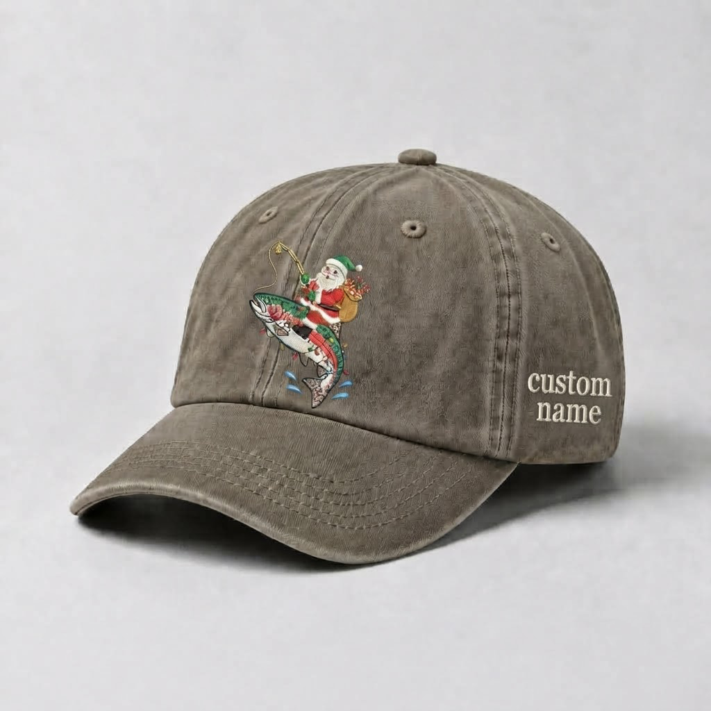 Santa Fishing Trout Embroidered Hat, Custom Name Christmas Baseball Cap, Vintage Fisherman Dad Hat, Outdoor Holiday Gift, Cute Winter Hat