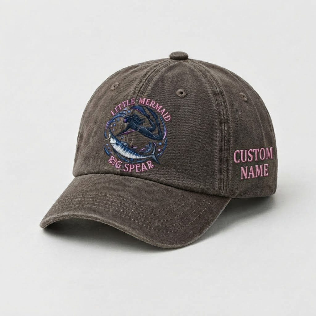 Spearfishing Hats For Women, Little Mermaid Big Spear Custom Embroidered Baseball Cap, Personalized Vintage Washed Hat, Scuba Diving Gift