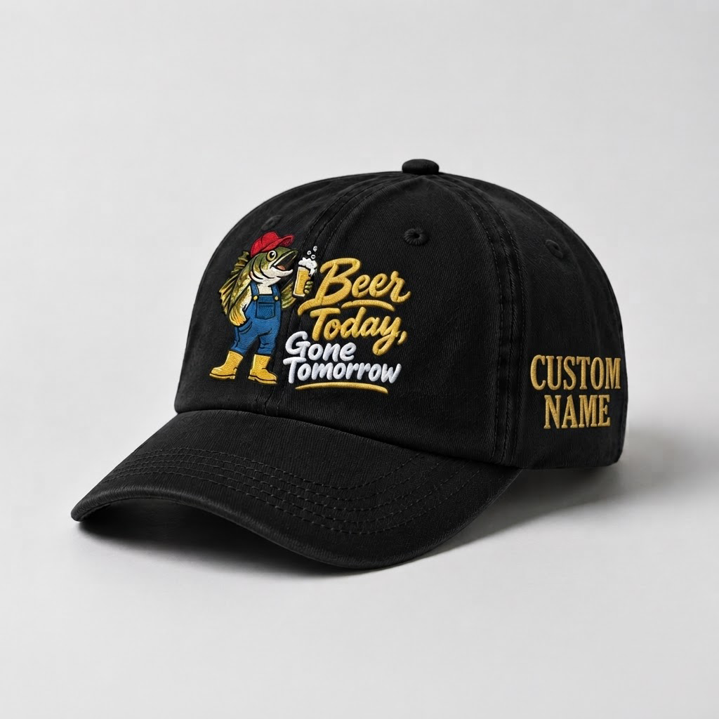 Custom Name Walleye Hat, Personalized Beer Today Gone Tomorrow Fishing Cap, Vintage Fisherman Gift, Embroidered Outdoor Dad Hat