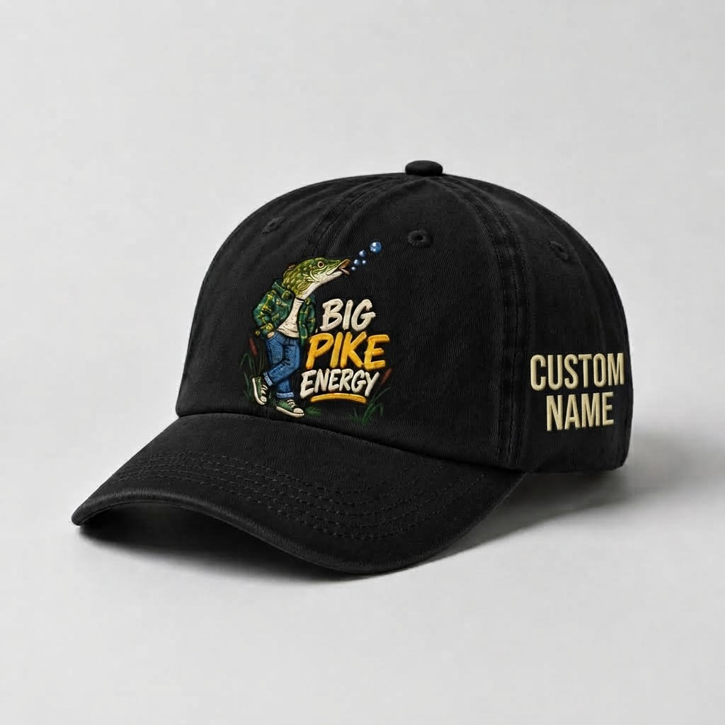 Pike Hat, Custom Big Pike Energy Embroidered Cap, Personalized Fisherman Gift, Vintage Washed Cotton Dad Hat, Fishing Merch