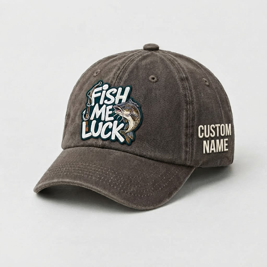 Custom Catfish Fish Me Luck Hat, Embroidered Fishing Cap, Personalized Fisherman Gift, Vintage Dad Hat, Outdoor Sport Hat, Fishing Lover