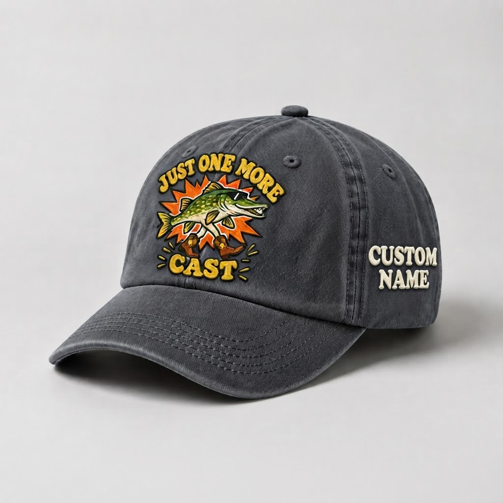 Pike Hat, Custom Just One More Cast Embroidered Cap, Personalized Fisherman Gift, Vintage Washed Cotton Dad Hat, Fishing Merch