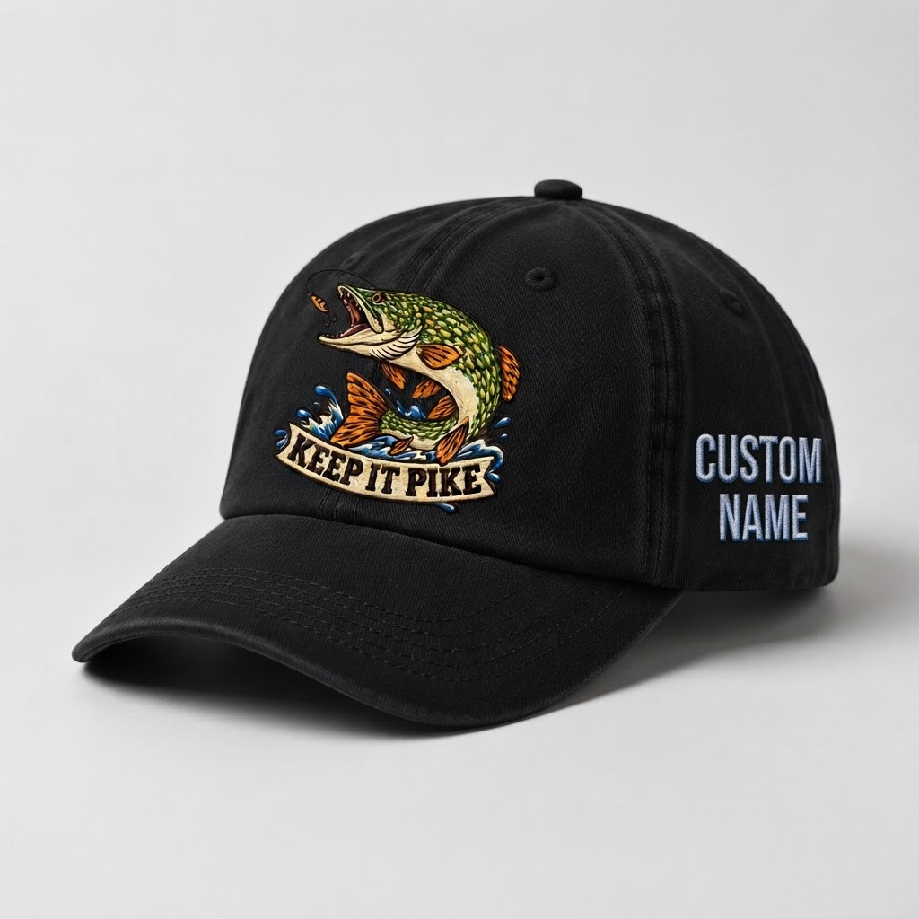 Pike Hat, Custom Keep It Pike Embroidered Cap, Personalized Fisherman Gift, Vintage Washed Cotton Dad Hat, Fishing Merch