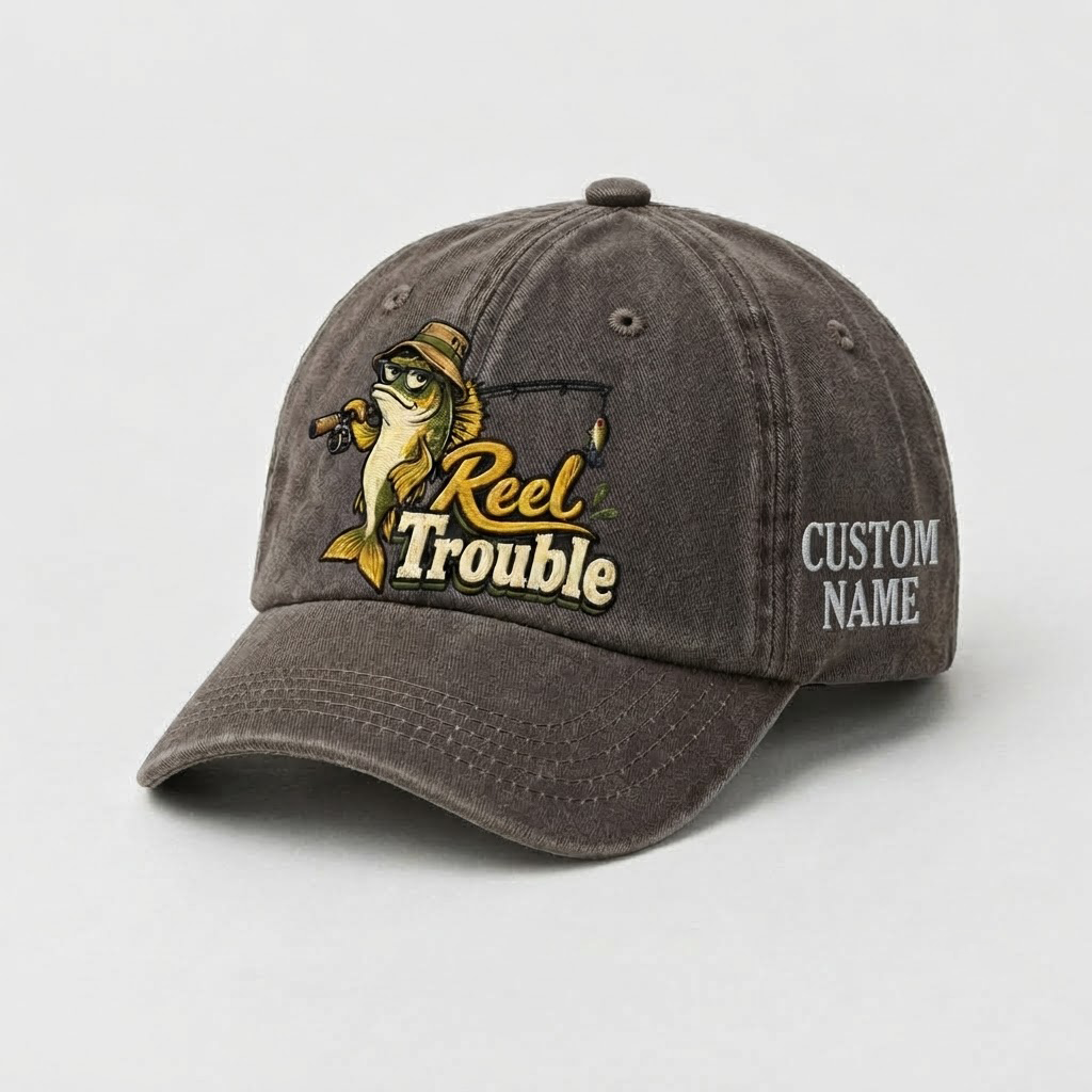 Personalized Walleye Hat, Custom Name Reel Trouble Fishing Cap, Vintage Fisherman Gift, Embroidered Outdoor Dad Hat