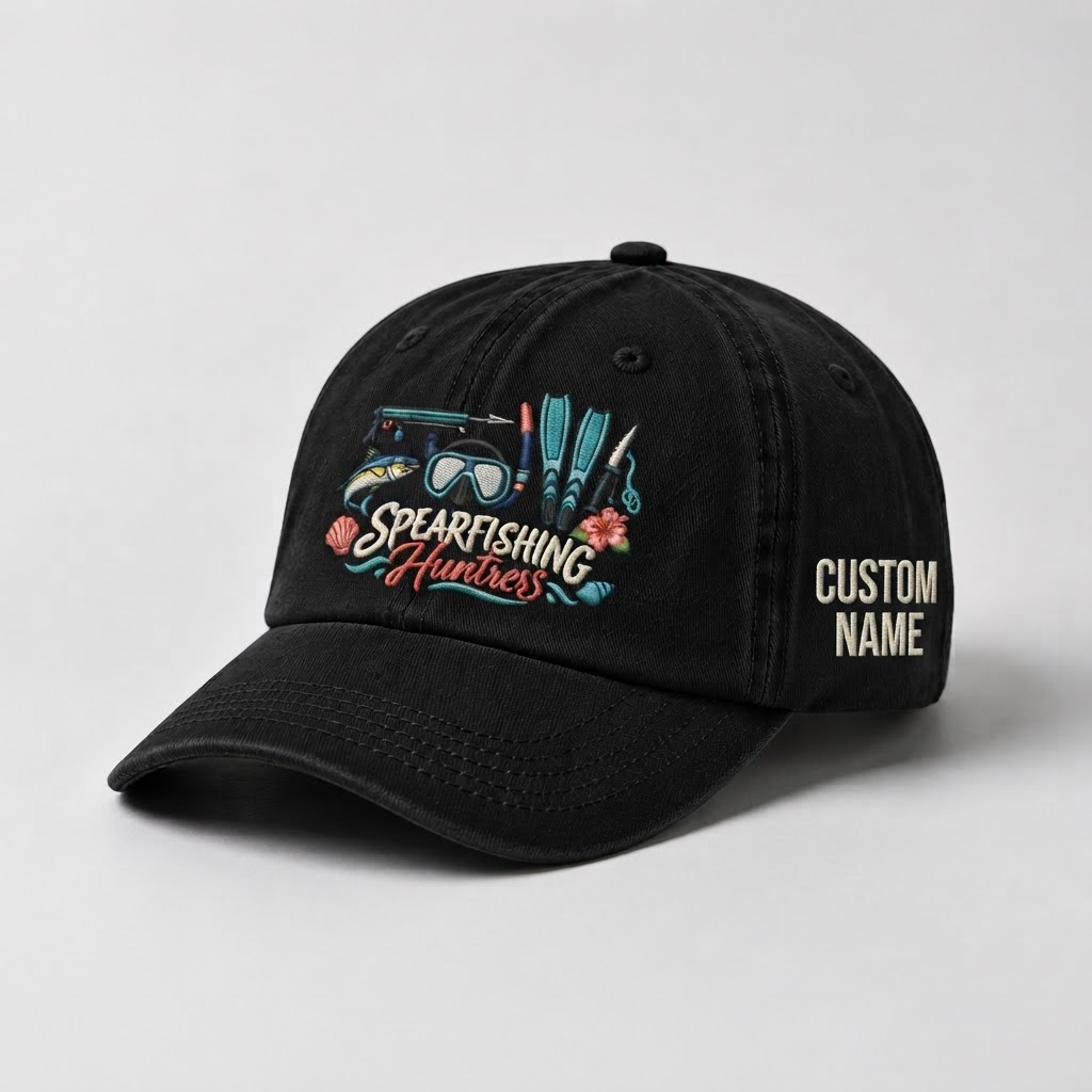 Spearfishing Hats For Women, Spearfishing Huntress Custom Embroidered Baseball Cap, Personalized Vintage Washed Hat, Scuba Diving Gift