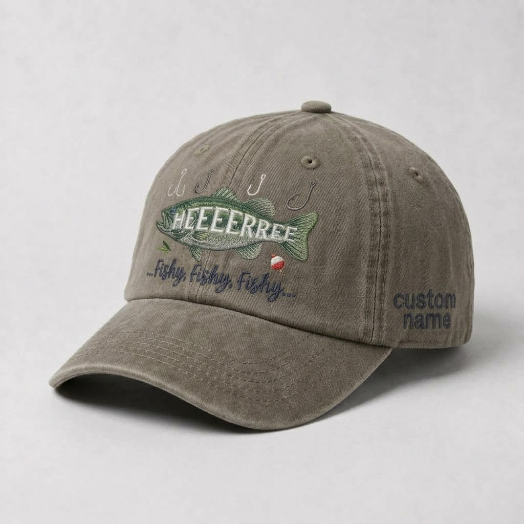 Hat Embroidered Bass Cap Here Fishy Fishy Fishy Personalized Fisherman Gift For Him Dad Fishing Hat