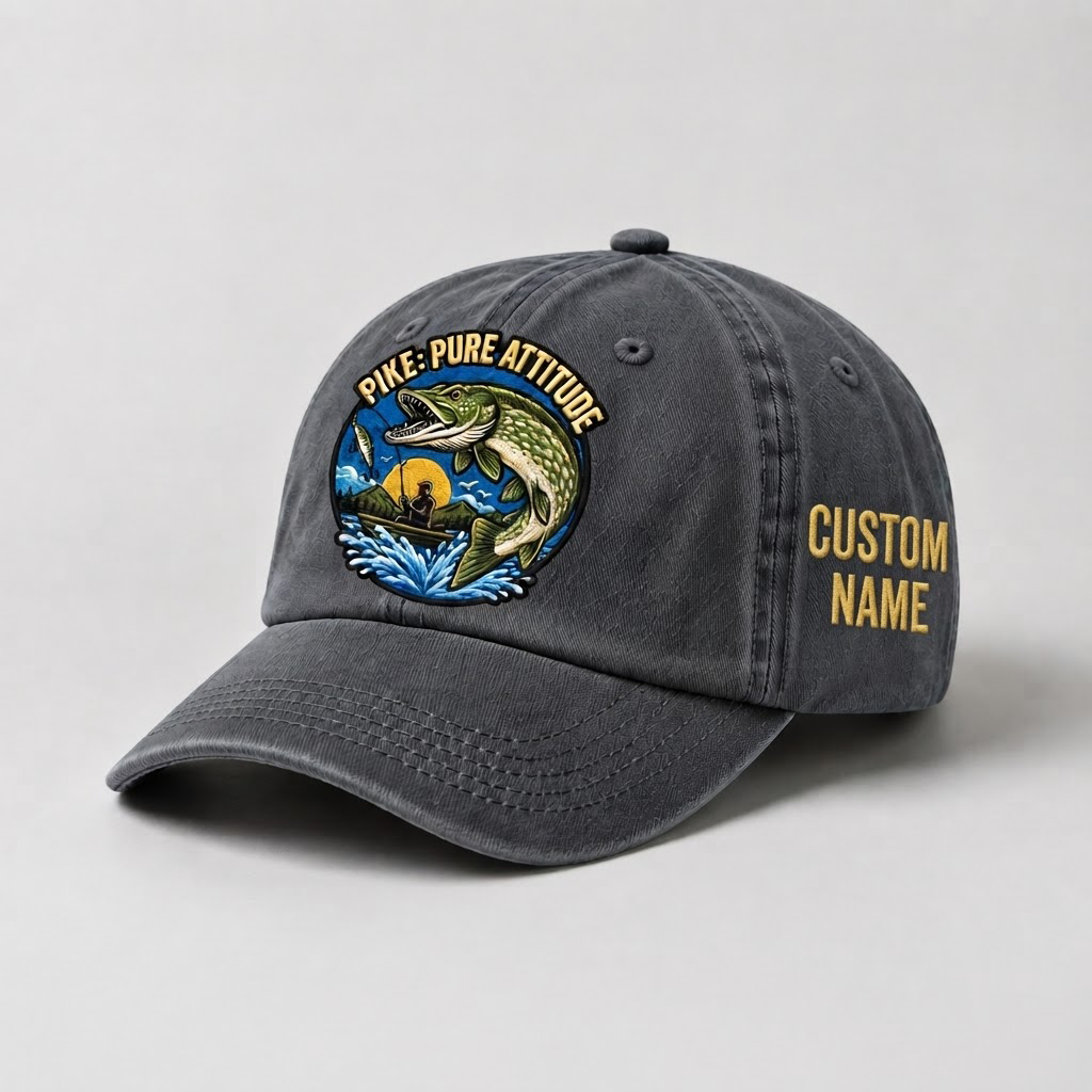 Pike Hat, Custom Name Fisherman Cap, Pike Pure Attitude Fishing Hat, Personalized Angler Gift, Vintage Embroidered Dad Baseball Cap