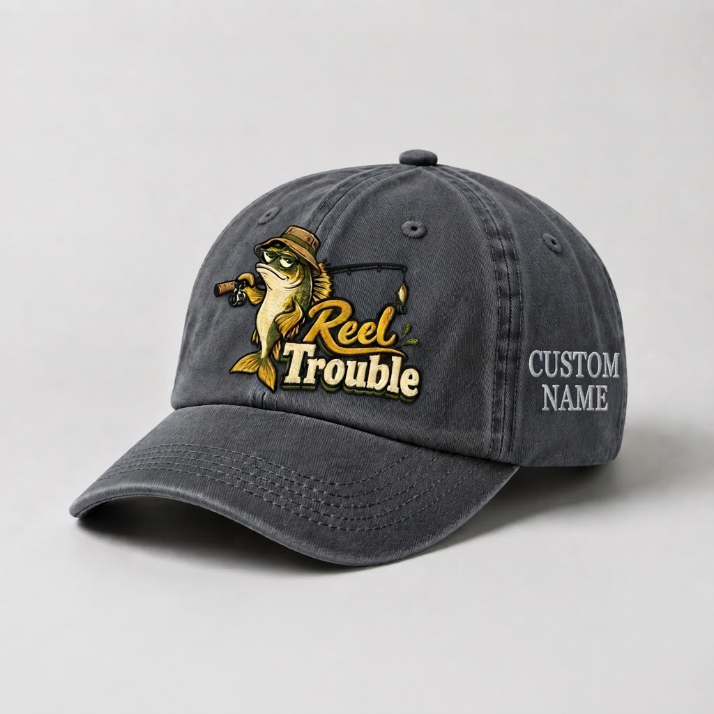 Personalized Walleye Hat, Custom Name Reel Trouble Fishing Cap, Vintage Fisherman Gift, Embroidered Outdoor Dad Hat