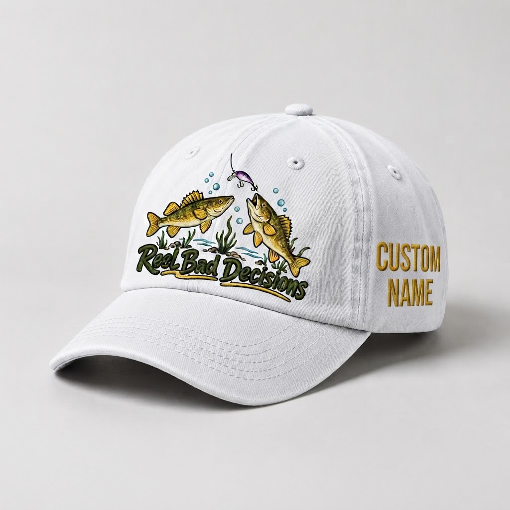Personalized Walleye Hat, Custom Name Reel Bad Decisions Fishing Cap, Vintage Fisherman Gift, Embroidered Outdoor Dad Hat