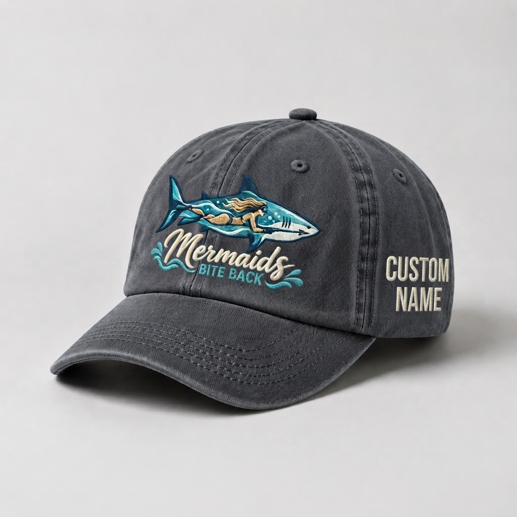 Spearfishing Hats For Women, Mermaids Bite Back Custom Embroidered Baseball Cap, Personalized Vintage Washed Hat, Scuba Diving Gift